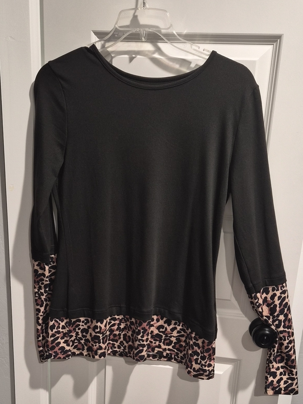 Women’s Black Top with Leopard Hem and Cuffs